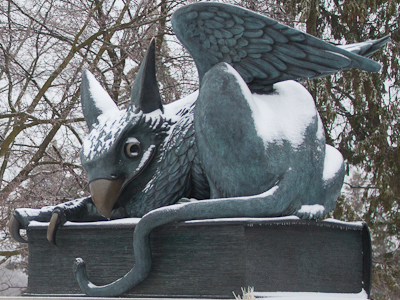 The U of G Gryphon statue covered in a dusting of snow