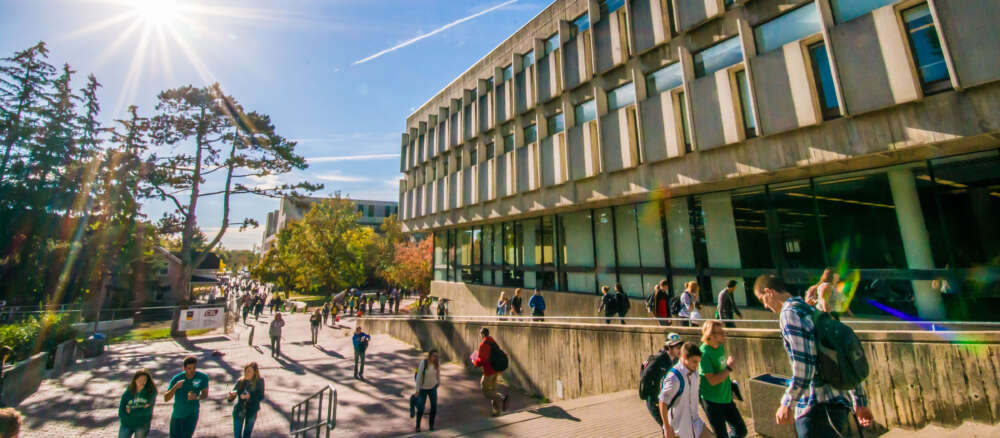 Students walk near the McLaughlin Library on a sunny day