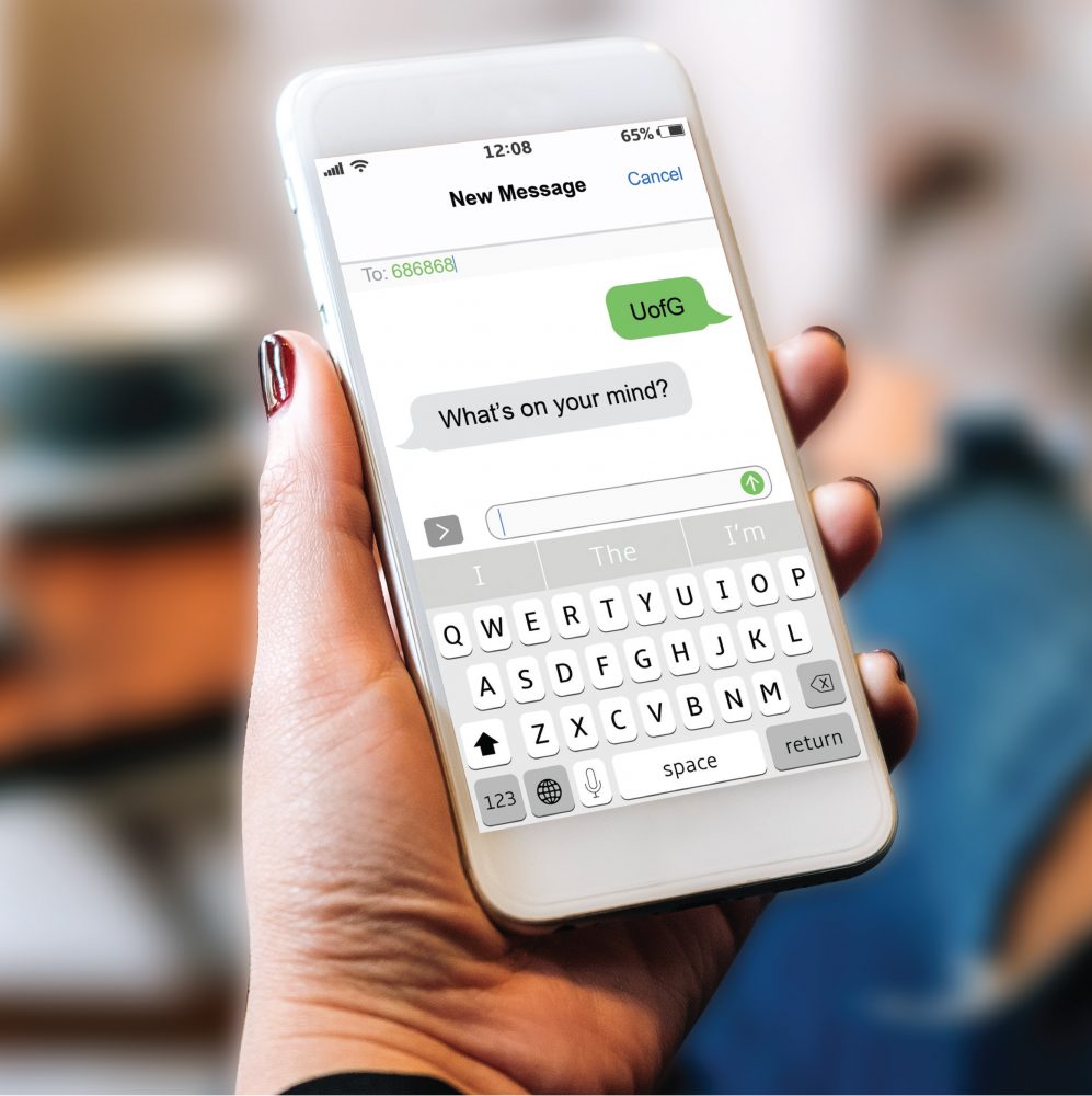 Phone showing student initiating text support with Kids Help Phone
