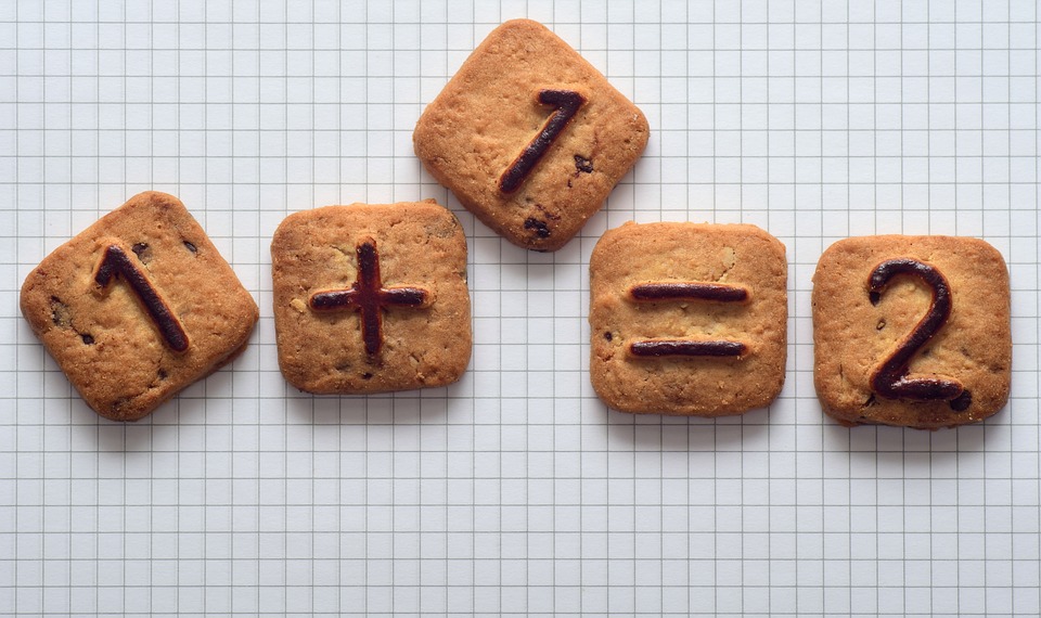 small square cookies with numbers on them showing one plus one equals two