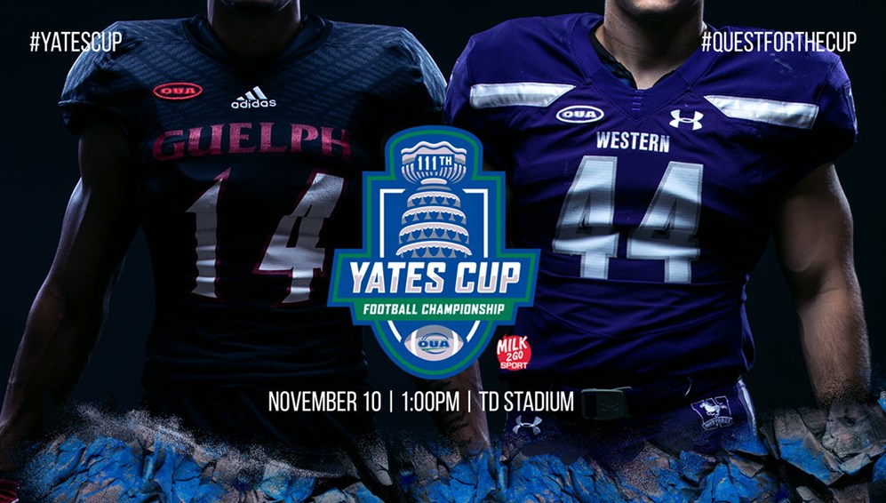 Guelph and Western football players with Yates Cup logo