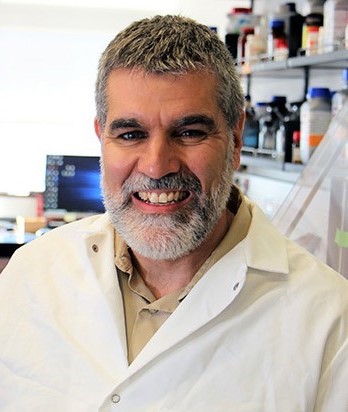 Dr. Byram Bridle wears a lab coat and stands in a lab.