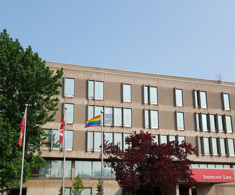 Flags outside the UC including the Pride flag