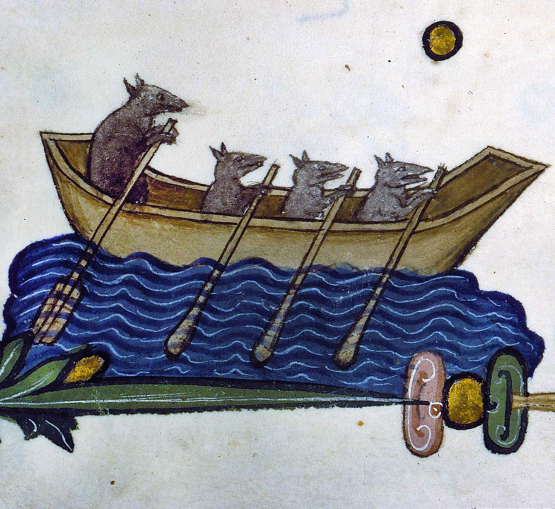 Four rats rowing a little boat in the margins of Pontifical of Guillaume Durand,