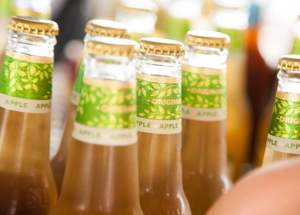 Bottles of an alcoholic apple drink are shown