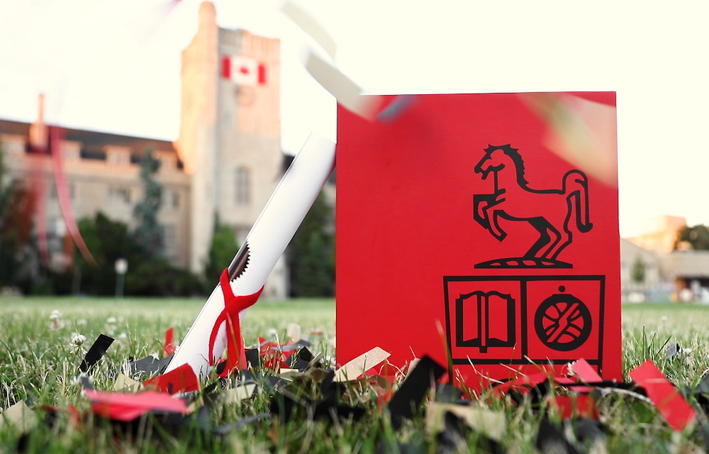 Red graduation box on Johnston Green