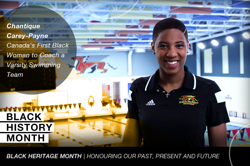 Graphic showing Chantique Carey-Payne above a pool with text reading Canada's Frist Black Woman to Coach a Varsity Swimming Team