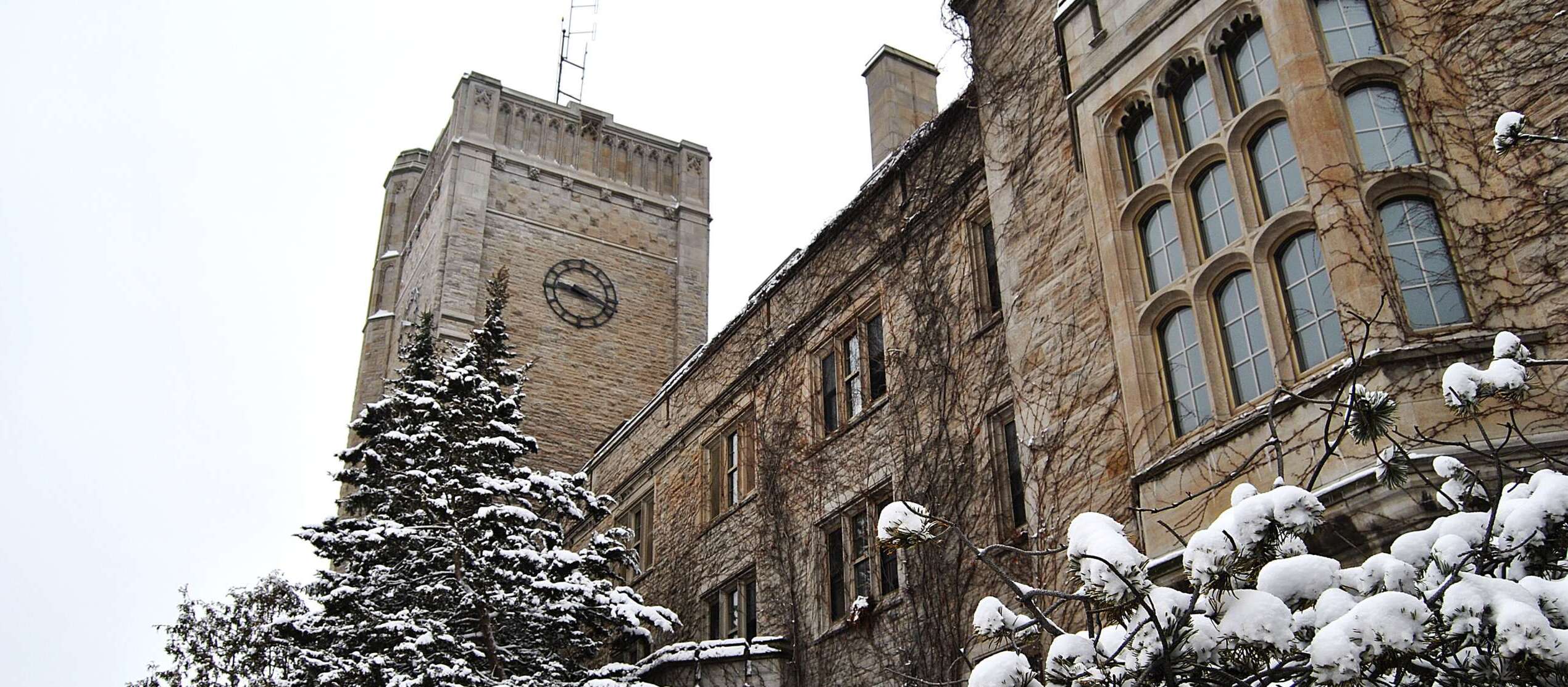 Closeup of Johnston Hall building in winter