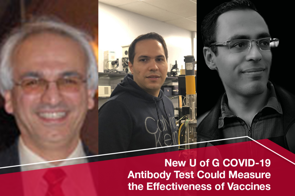 Graphic shows Dr. Khashayar Ghandi, Arash Fattahi and Pooya Afaghi. Text reads: News U of G COVID Antibody Test Could the Effectiveness of Vaccines
