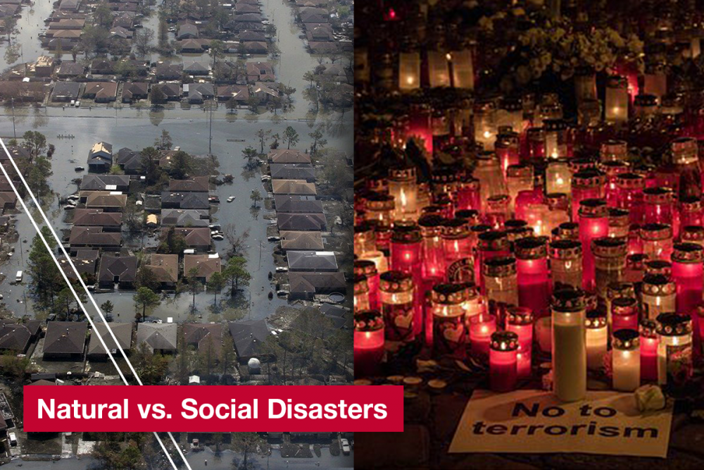 An aerial view of a flooding disaster next to candles at anti-terrorism vigil
