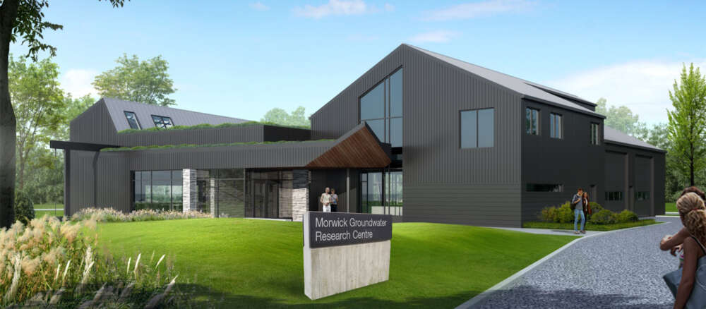 architectural rendering of the Morwick Ground Water Research Centre, grey building on green grass