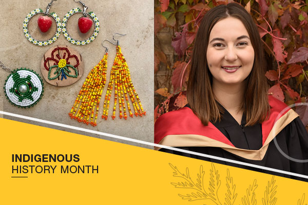 An image of beaded jewellery next to a photo of Leslie Fell in graduation regalia