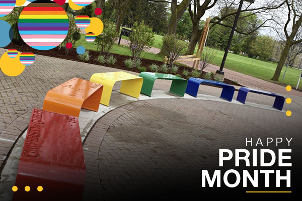 Series of benches in Pride colours on U of G campus