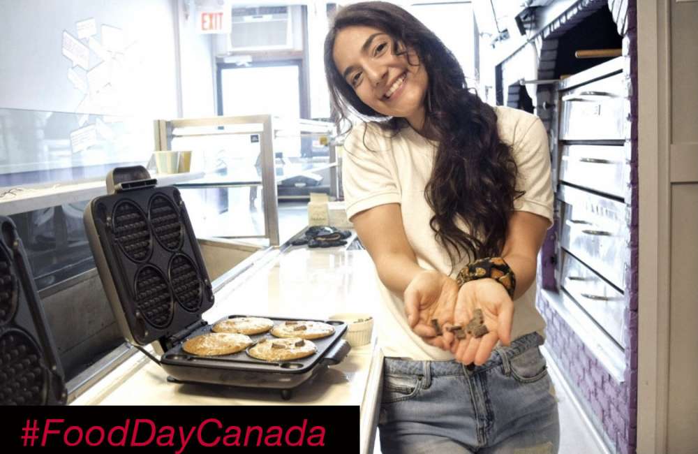 A woman holds out chocolate chunks beside waffle makers