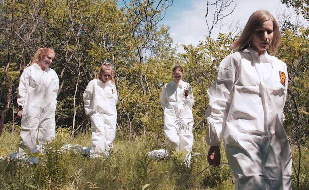 Four researchers in white suits in wooded setting