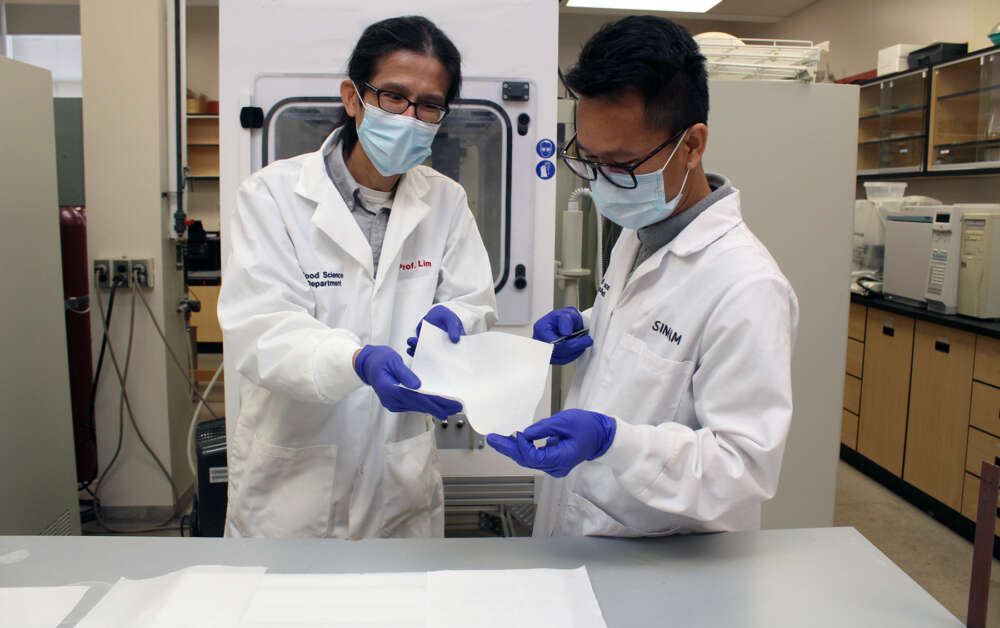 Two men wearing lab coats, surgical masks and gloves display the paper-like material