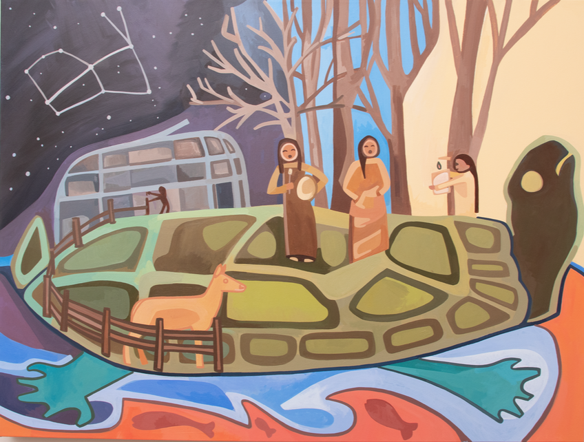 Painting whos two women with drums on a giant turtle with constellations in the sky behind them