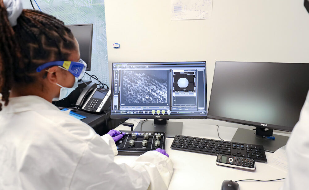 A person wearing a lab coat consults with anothe rwhile sitting at a computer