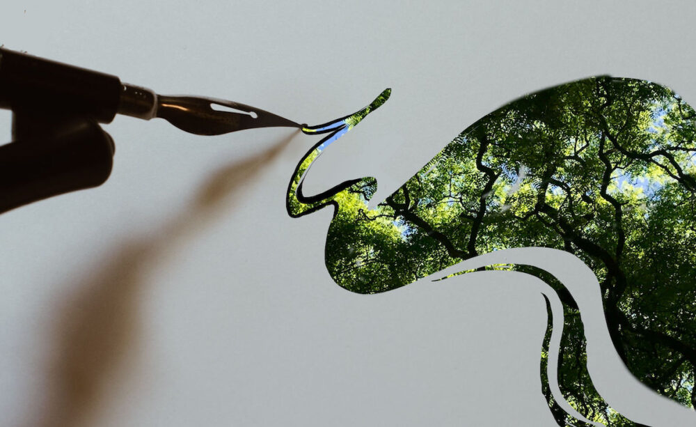 A graphic showing a fountain pen painting an image of trees