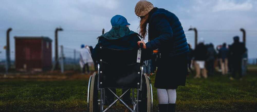 woman standing near person in wheelchair near green grass field