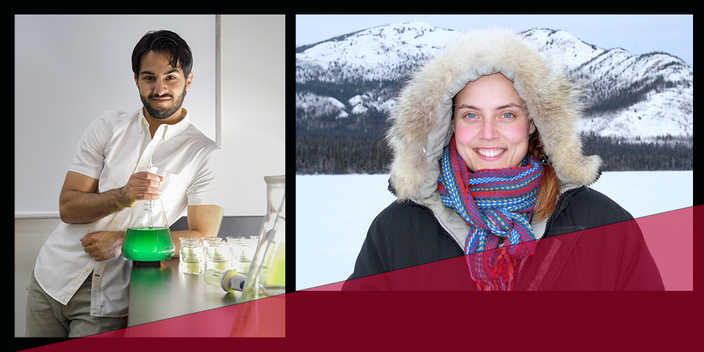 Drs. René Shahmohamadloo stands against a lab table holding a green liquid. Allyson Menzies wears a hooded parka and stands before snowy mountains
