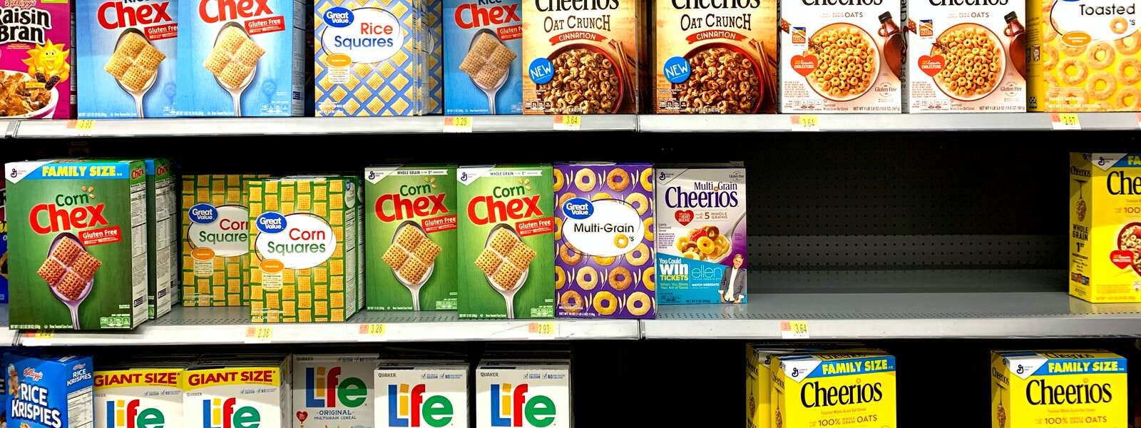 Boxed cereal on shelves at Walmart.