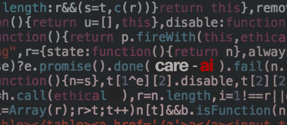 A blackbackground filled with computer code and the words CARE-AI highlighted
