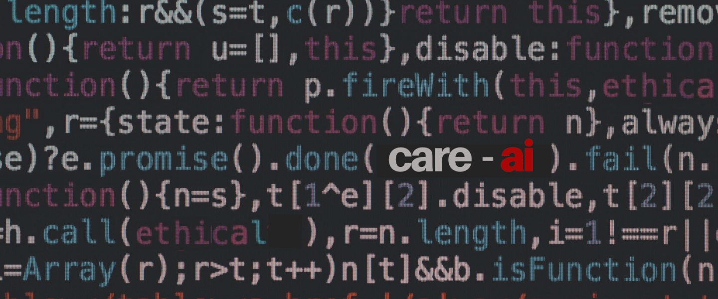 A blackbackground filled with computer code and the words CARE-AI highlighted