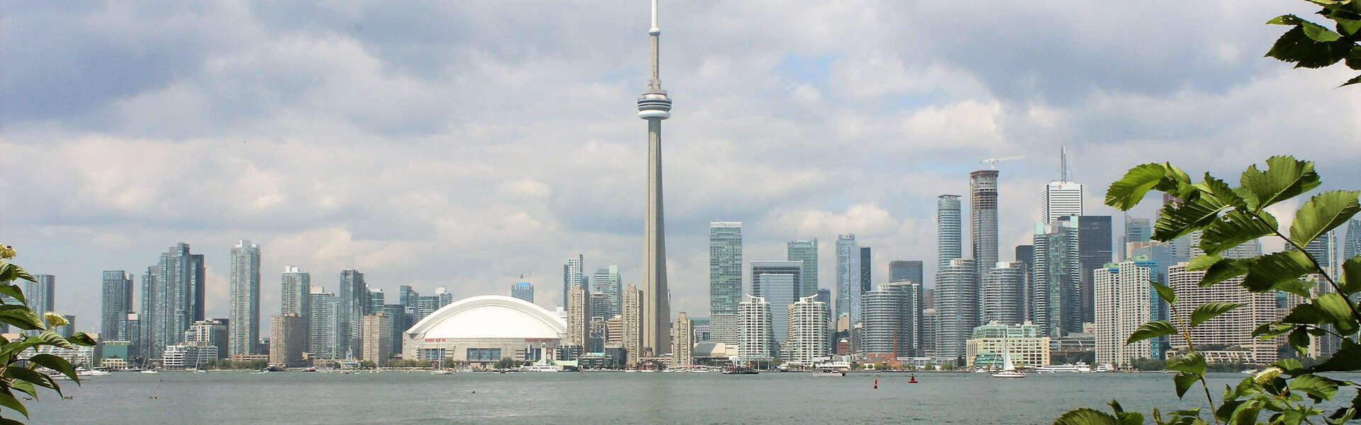A wide angle view of the downtown toronto skyline from across teh lake