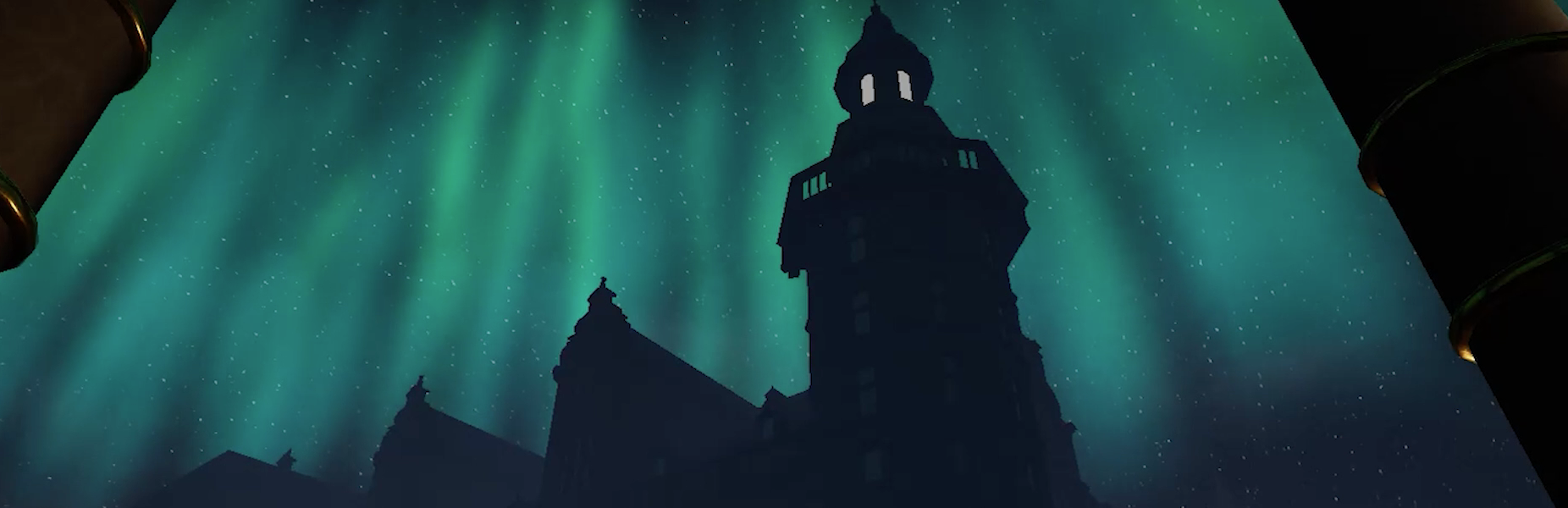 A castle in shadow stands in front of green northern lights in Denmark