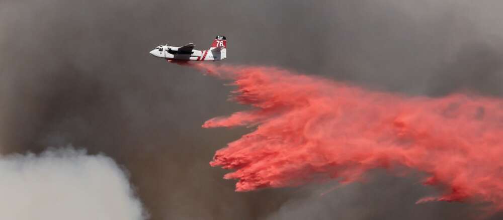 white and red airplane pouring red powder on fire