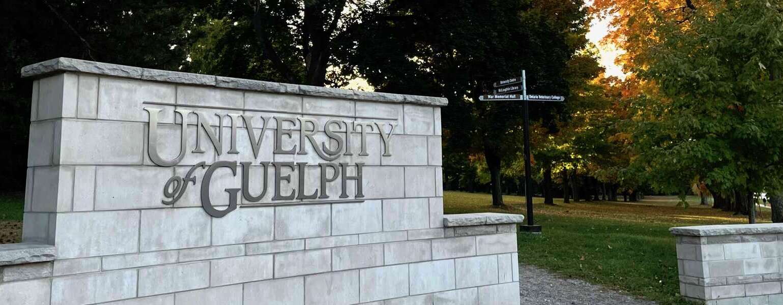 The University of Guelph sign is pictured among trees