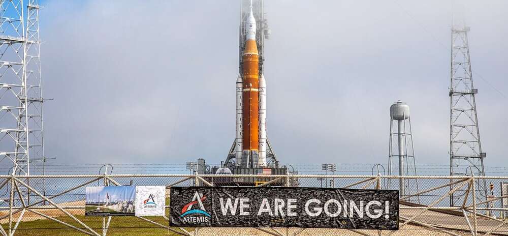 a single rocket stands on a launchpad at the Kennedy Space Center