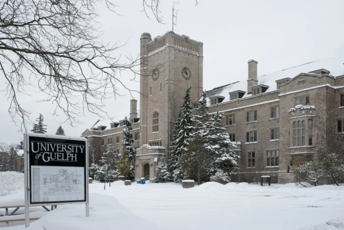 Johnston Hall on the U of G campus surrounded by snow