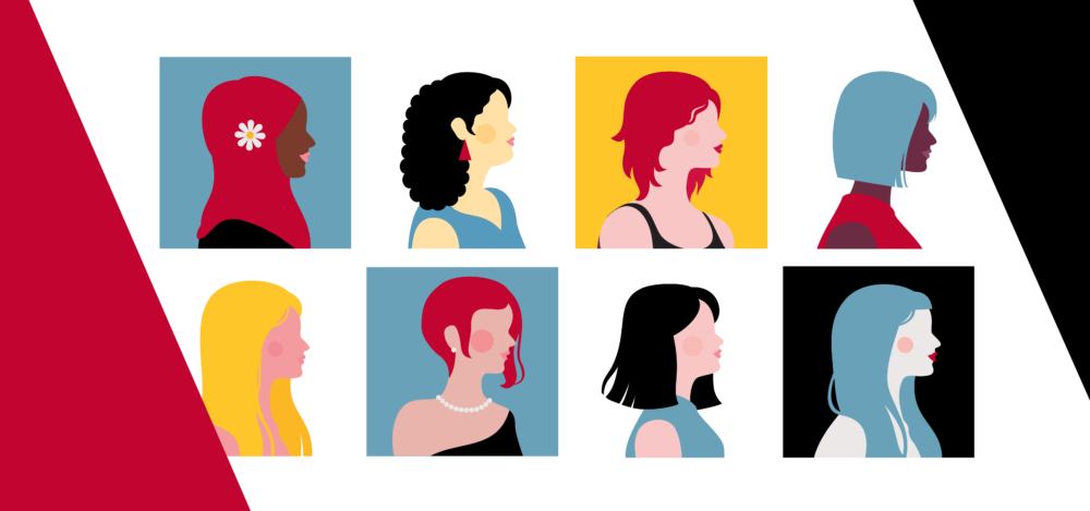 A graphic showing the silhouetted heads of 8 women