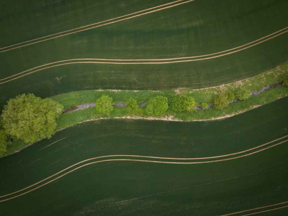An aerial view photo of a creek, trees and fields