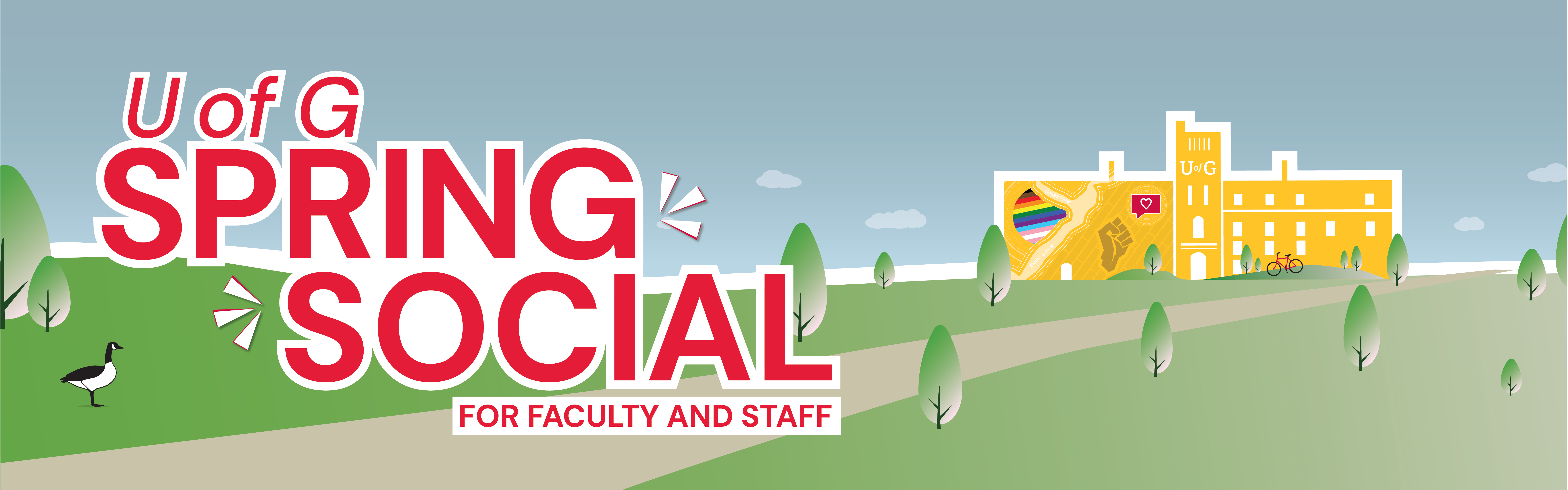 U of G Spring Social for Faculty and Staff. stylized minimalist version of Johnston Hall.