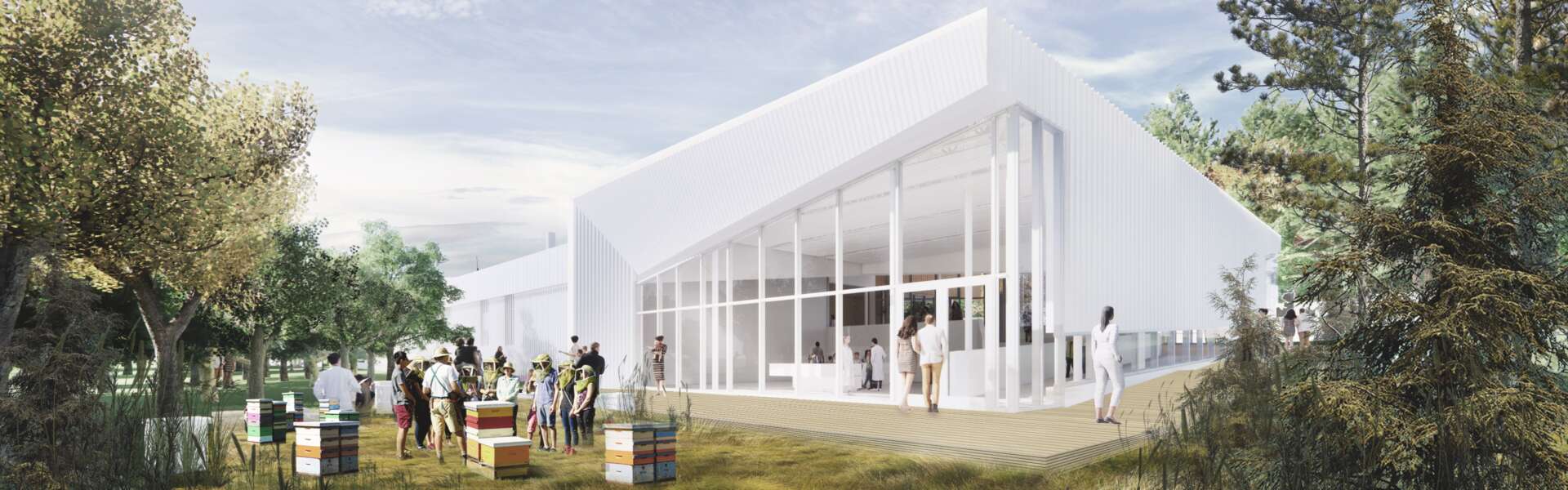An artist's rendering of the new Honey Bee Research Centre shows a large white, glass-filled building with fruit trees and apiary boxes outside