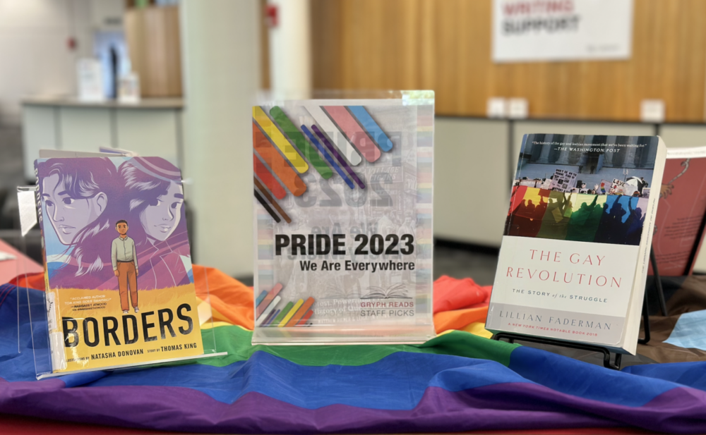 Two books sit on the top of a bookshelf in the U of G library with a sign between them depicting the name of the collection.