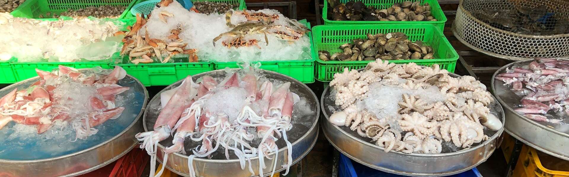 several kinds of shellfish sit in ice-filled containers at an outdoor market