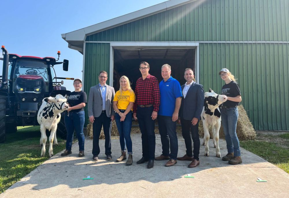 A group of seven people stand in front of a green barn flanked by two black and white dairy cows.