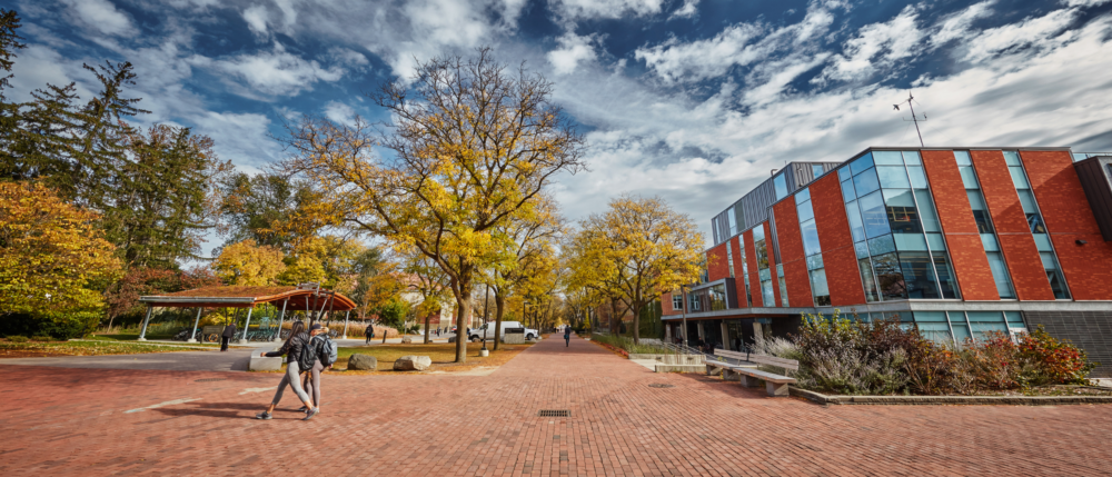 Students walk down the path near the Albert. A. Thornbrough building.