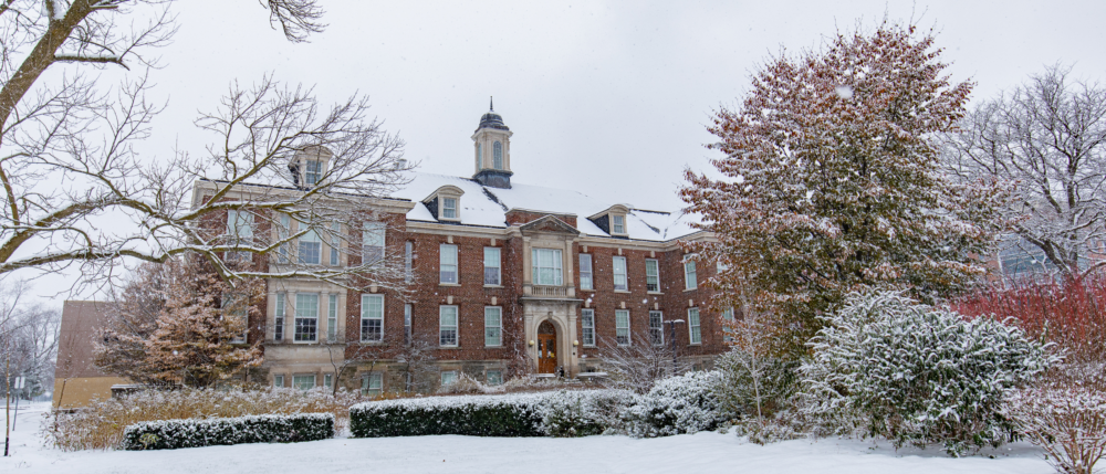 The food science building on a snowy day.