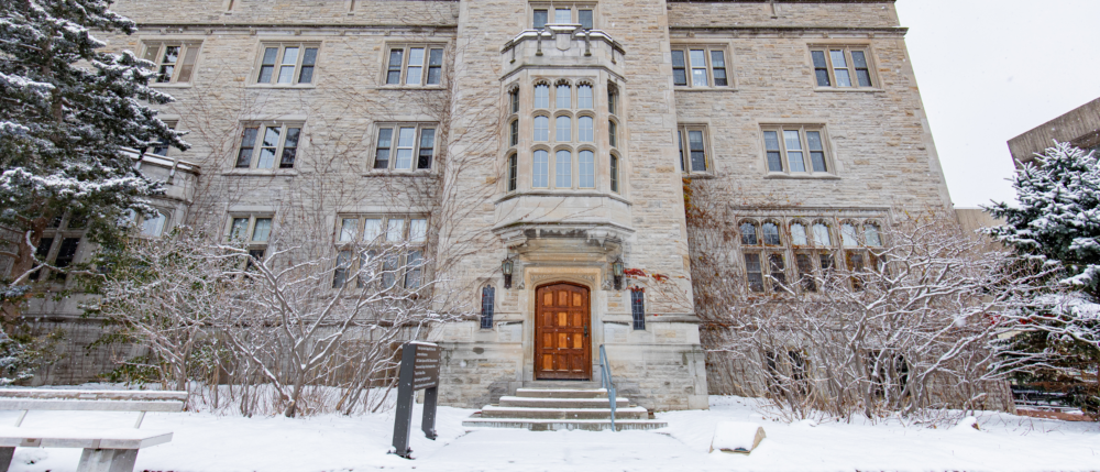 A partial shot of Johnston hall on a snowy day.