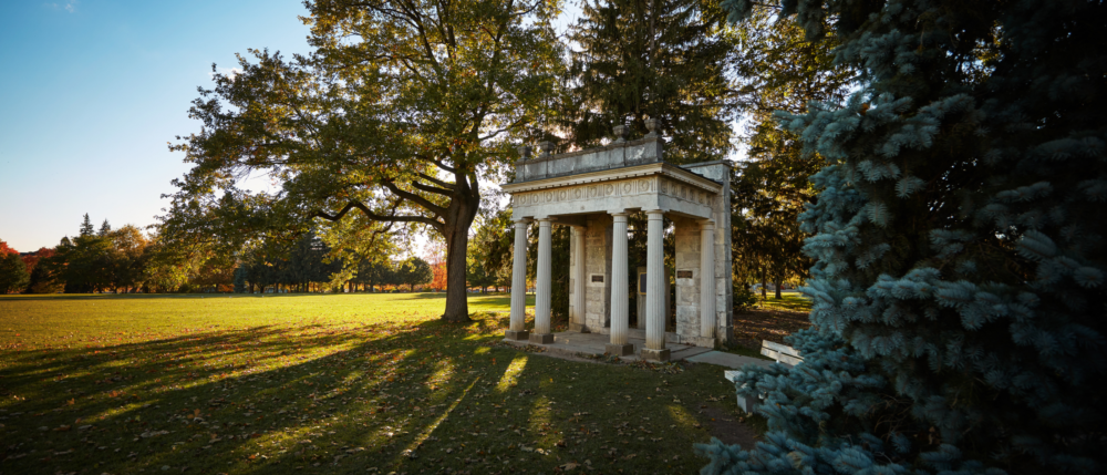 The U of G portico as the sun is setting.