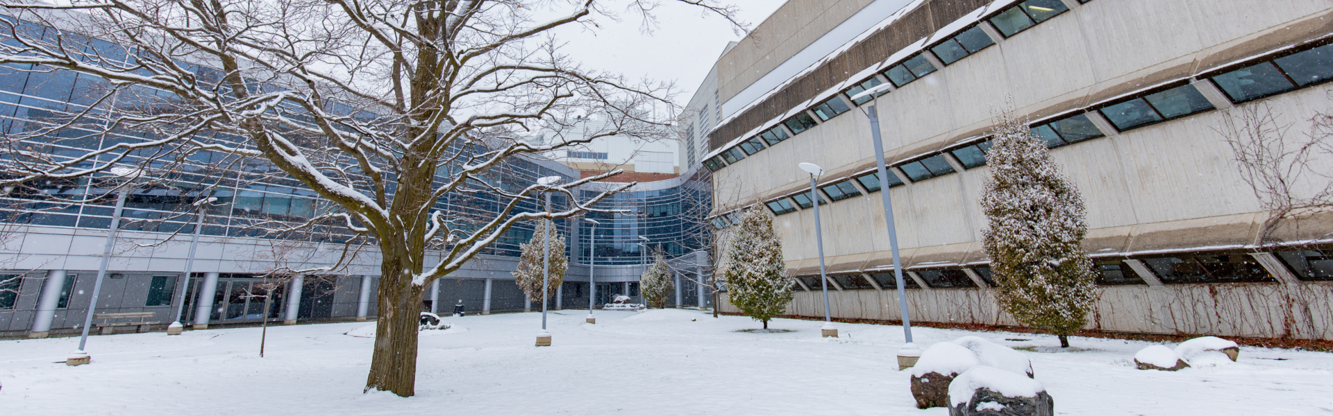 The summerlee science complex on a snowy day.
