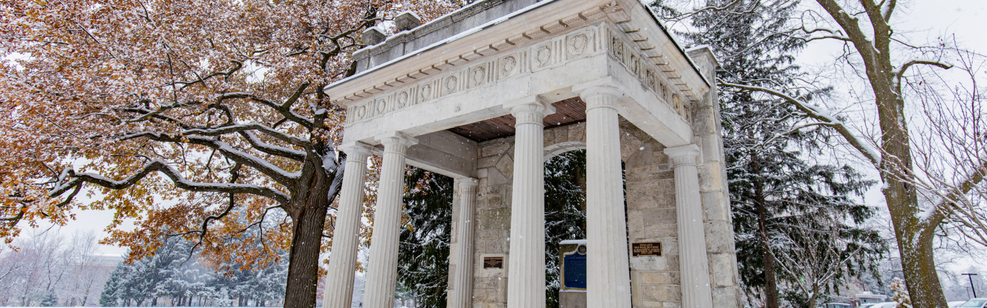 The U of G Portico on a snowy winter day.