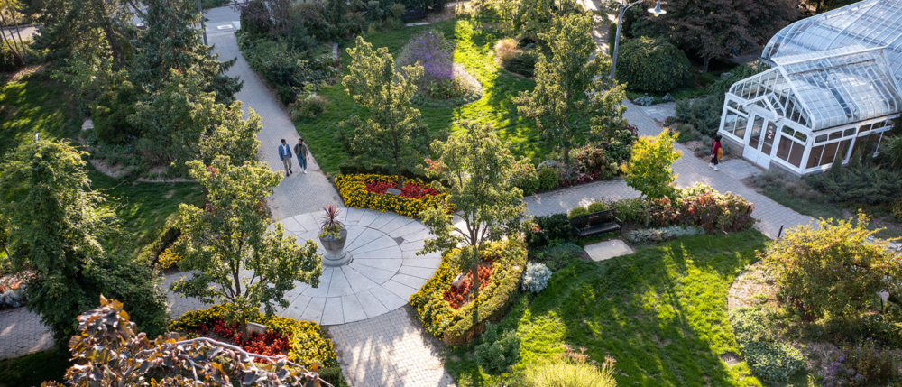 Aerial view of the gardens on U of G campus in summer.