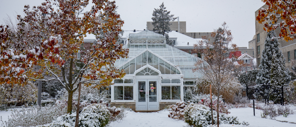 Campus buildings on a snowy winter day.