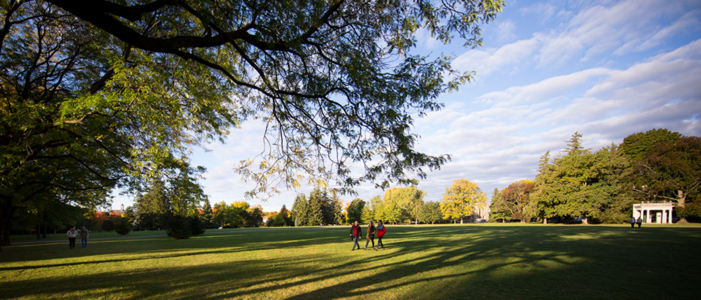 Students walk across Johnston Green on a sunny summer day.